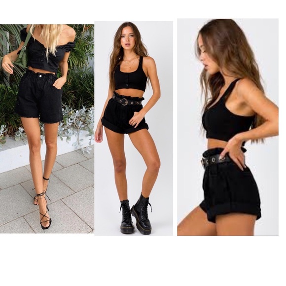 Princess Polly Pants - NEW Princess Polly Open Road Denim PaperBag Shorts Wash Black 12 Large Highwaist